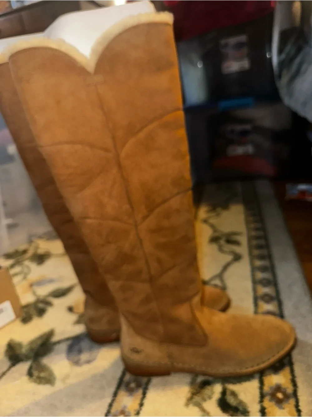 UGG Tall Shearling-Trim Suede Boots in Chestnut